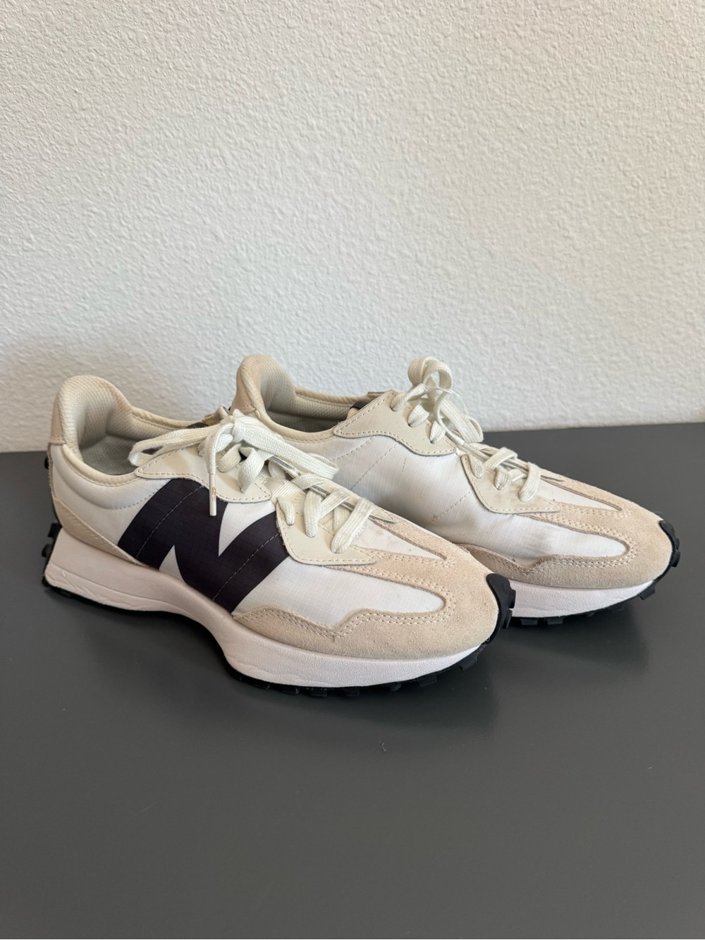 FIGS New Balance 327, tan/white/black- Size 8.5